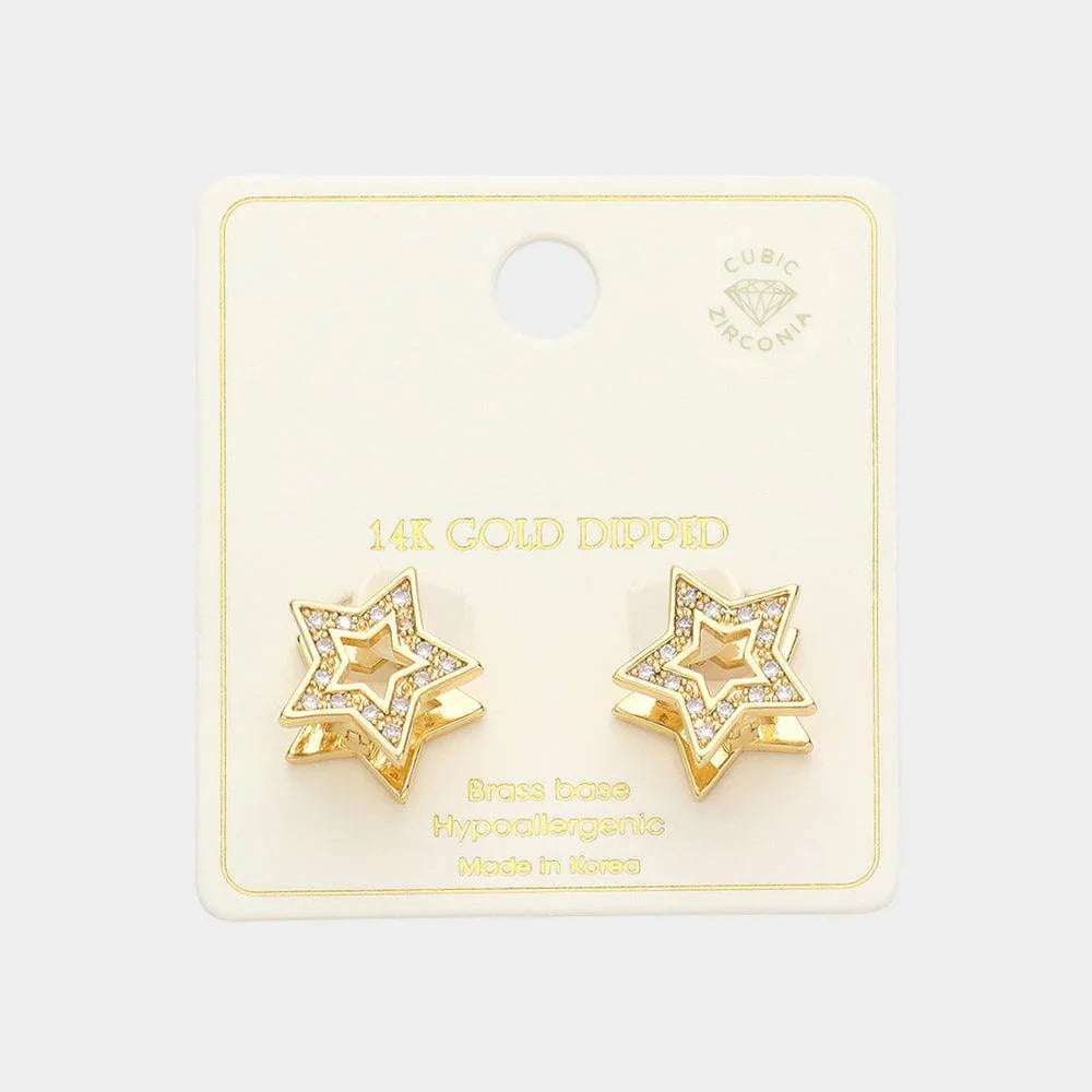 Gold 14K Gold Dipped CZ Stone Paved Star Huggie Earrings - Jewelry Store by Erik Rayo