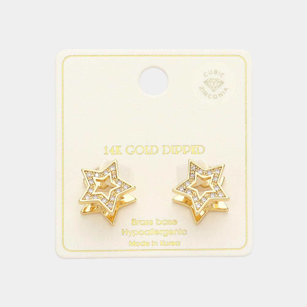 Gold 14K Gold Dipped CZ Stone Paved Star Huggie Earrings