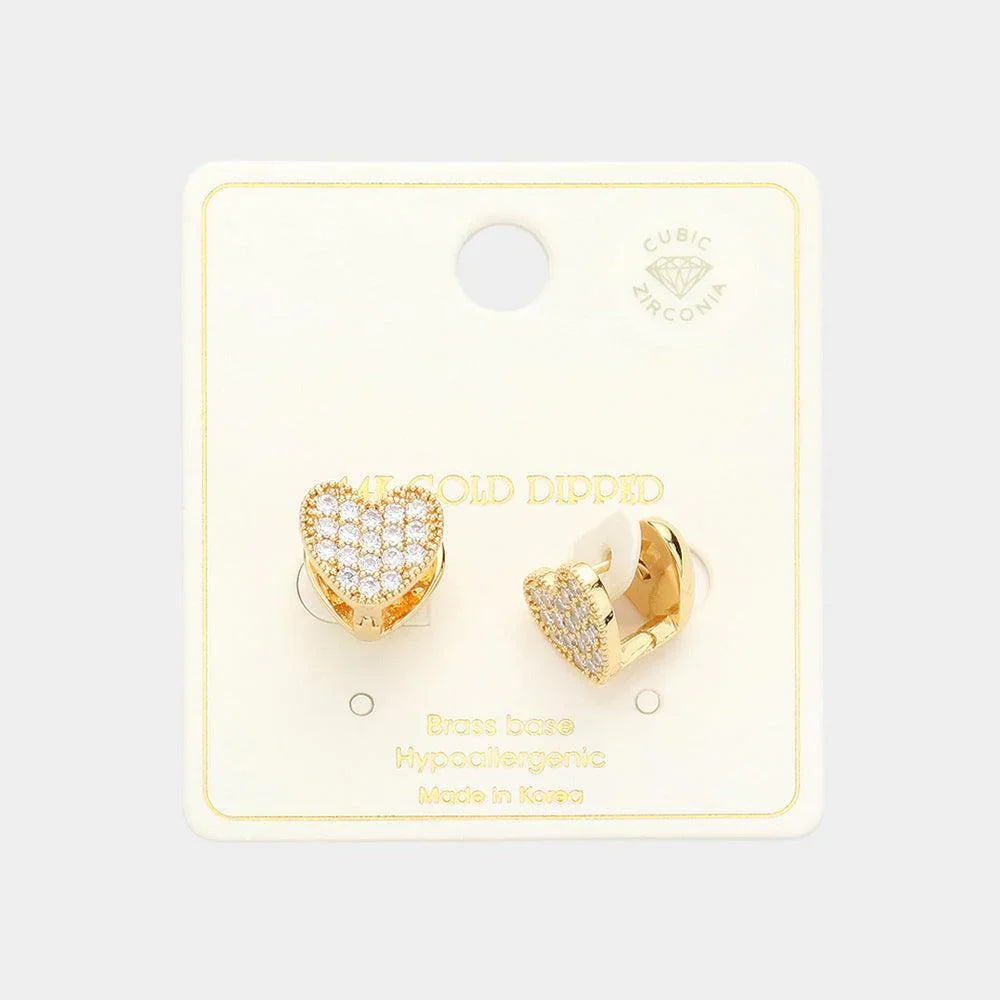 Gold 14K Gold Dipped CZ Stone Paved Heart Huggie Earrings - Jewelry Store by Erik Rayo