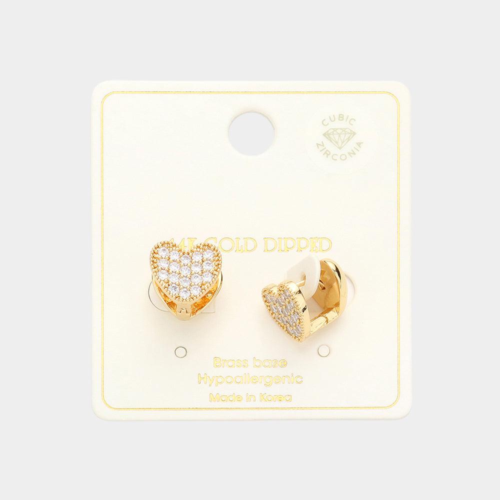 Gold 14K Gold Dipped CZ Stone Paved Heart Huggie Earrings