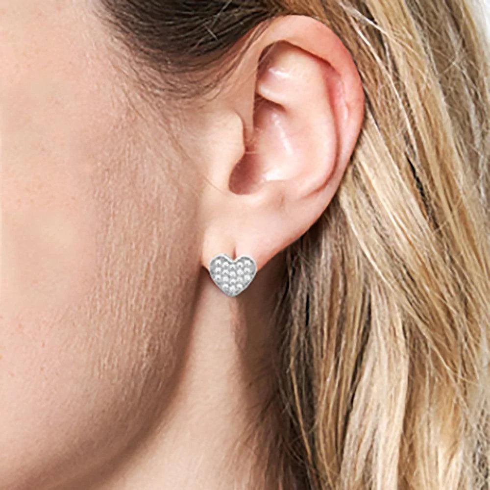 Silver White Gold Dipped CZ Stone Paved Heart Huggie Earrings - Jewelry Store by Erik Rayo