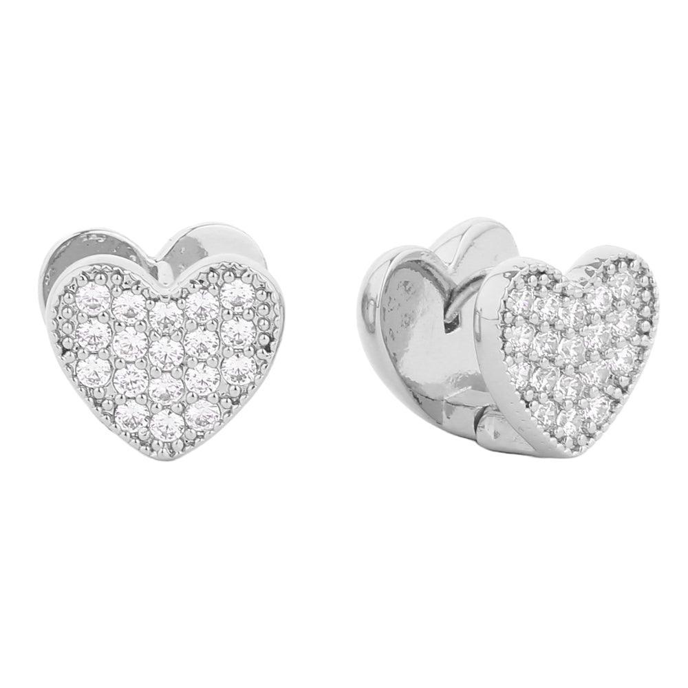 Silver White Gold Dipped CZ Stone Paved Heart Huggie Earrings - Jewelry Store by Erik Rayo
