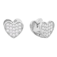 Load image into Gallery viewer, Silver White Gold Dipped CZ Stone Paved Heart Huggie Earrings
