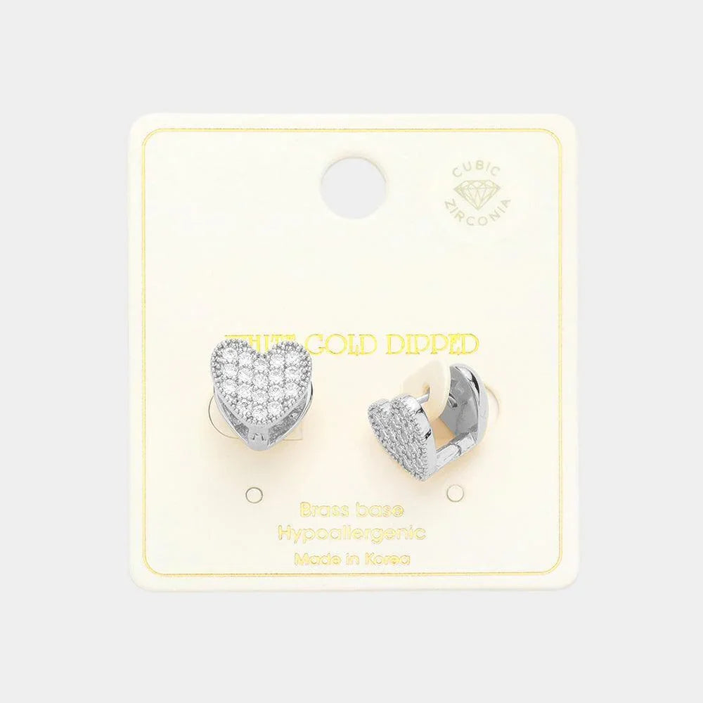 Silver White Gold Dipped CZ Stone Paved Heart Huggie Earrings - Jewelry Store by Erik Rayo