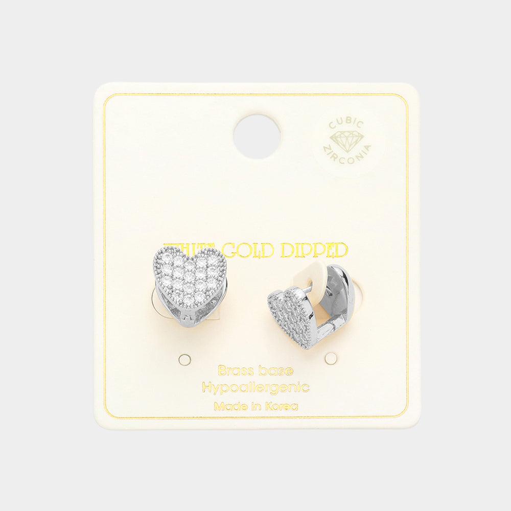 Silver White Gold Dipped CZ Stone Paved Heart Huggie Earrings