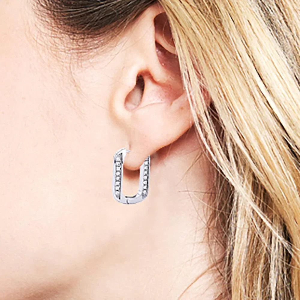 Silver White Gold Dipped CZ Stone Paved Squircle Hoop Earrings - Jewelry Store by Erik Rayo
