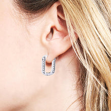 Load image into Gallery viewer, Silver White Gold Dipped CZ Stone Paved Squircle Hoop Earrings
