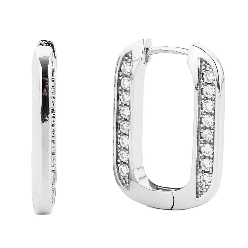 Silver White Gold Dipped CZ Stone Paved Squircle Hoop Earrings - Jewelry Store by Erik Rayo