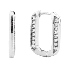 Load image into Gallery viewer, Silver White Gold Dipped CZ Stone Paved Squircle Hoop Earrings
