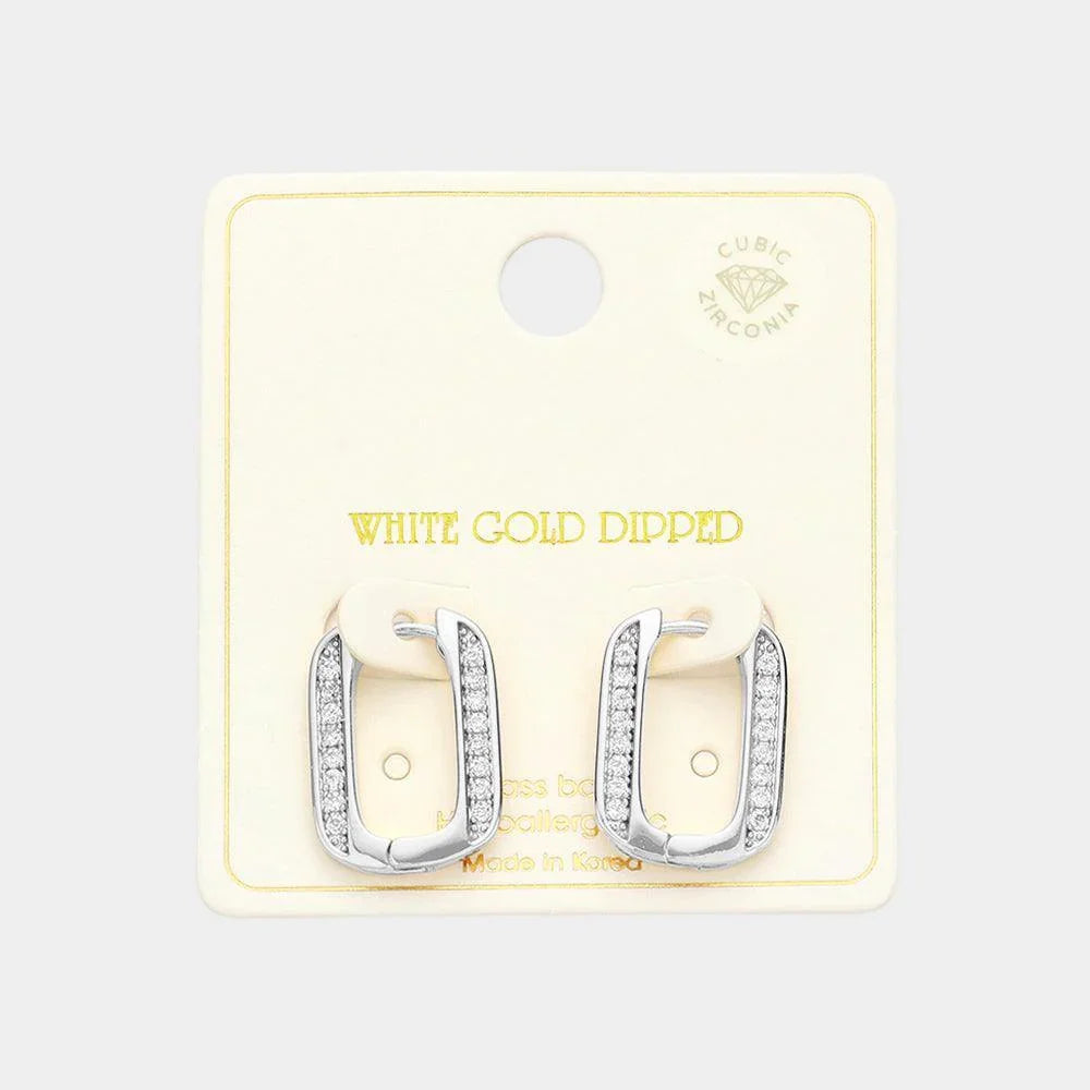 Silver White Gold Dipped CZ Stone Paved Squircle Hoop Earrings - Jewelry Store by Erik Rayo