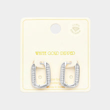 Load image into Gallery viewer, Silver White Gold Dipped CZ Stone Paved Squircle Hoop Earrings
