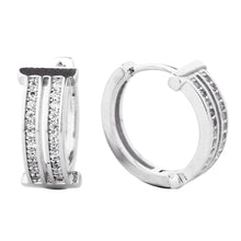 Load image into Gallery viewer, Silver White Gold Dipped CZ Stone Paved Split Hoop Earrings
