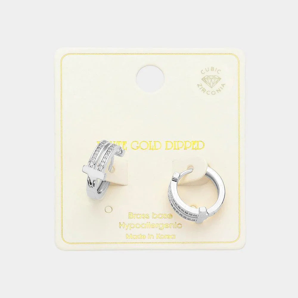 Silver White Gold Dipped CZ Stone Paved Split Hoop Earrings - Jewelry Store by Erik Rayo