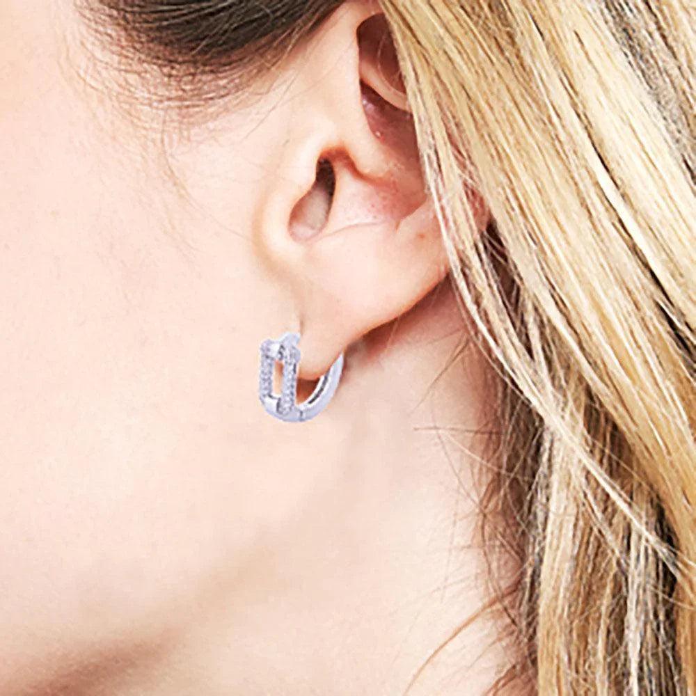 Silver White Gold Dipped CZ Stone Paved Abstract Hoop Earrings - Jewelry Store by Erik Rayo