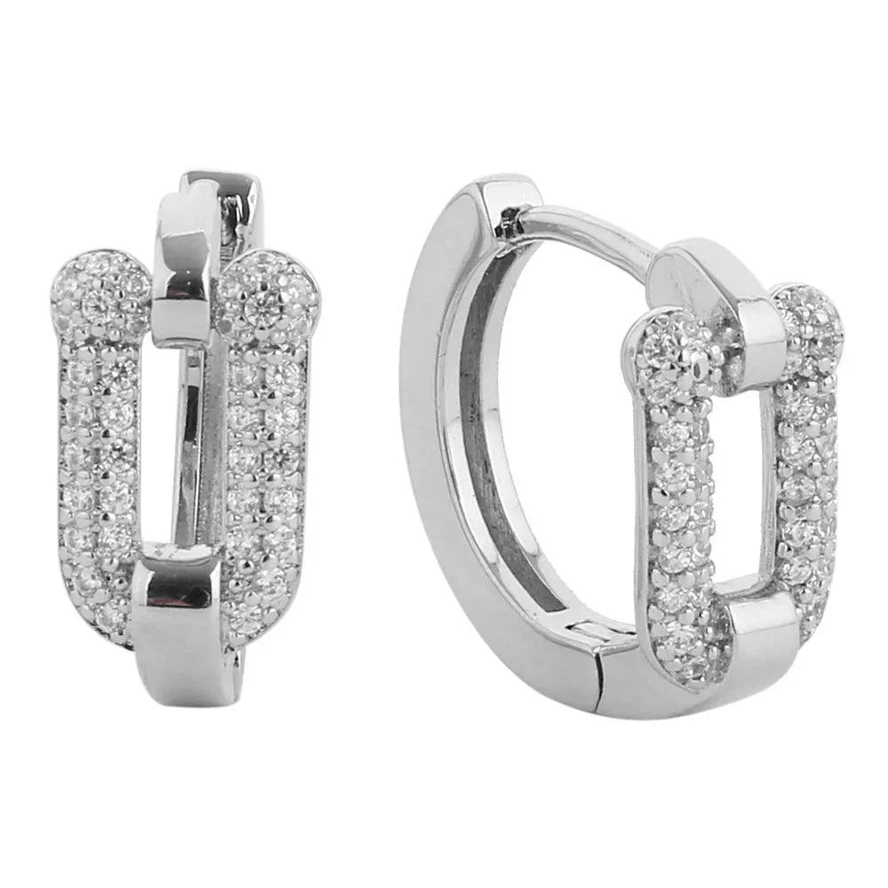 Silver White Gold Dipped CZ Stone Paved Abstract Hoop Earrings - Jewelry Store by Erik Rayo
