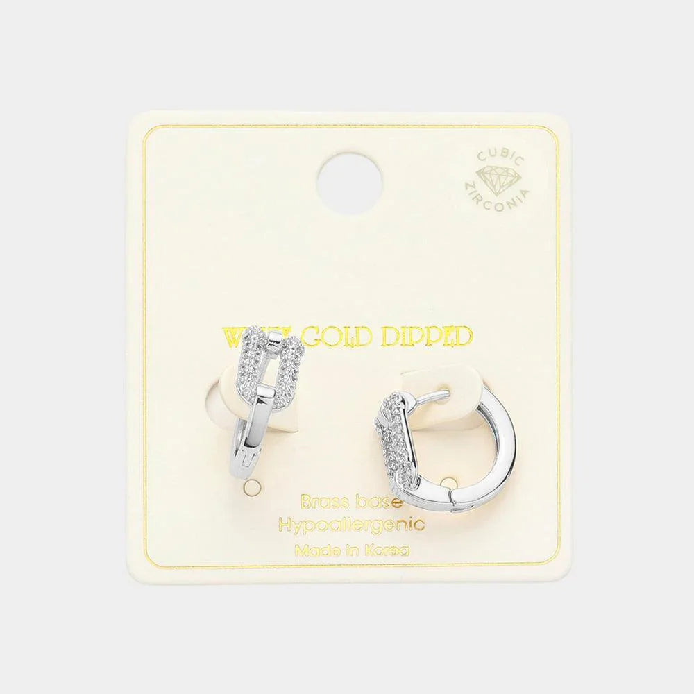 Silver White Gold Dipped CZ Stone Paved Abstract Hoop Earrings - Jewelry Store by Erik Rayo