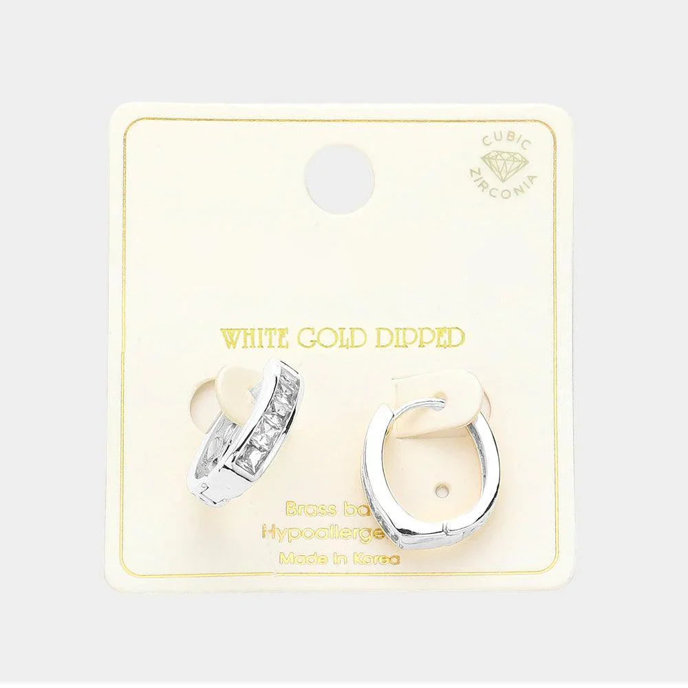 Silver White Gold Dipped Cascade CZ Stone Paved Huggie Hoop Earrings - Jewelry Store by Erik Rayo