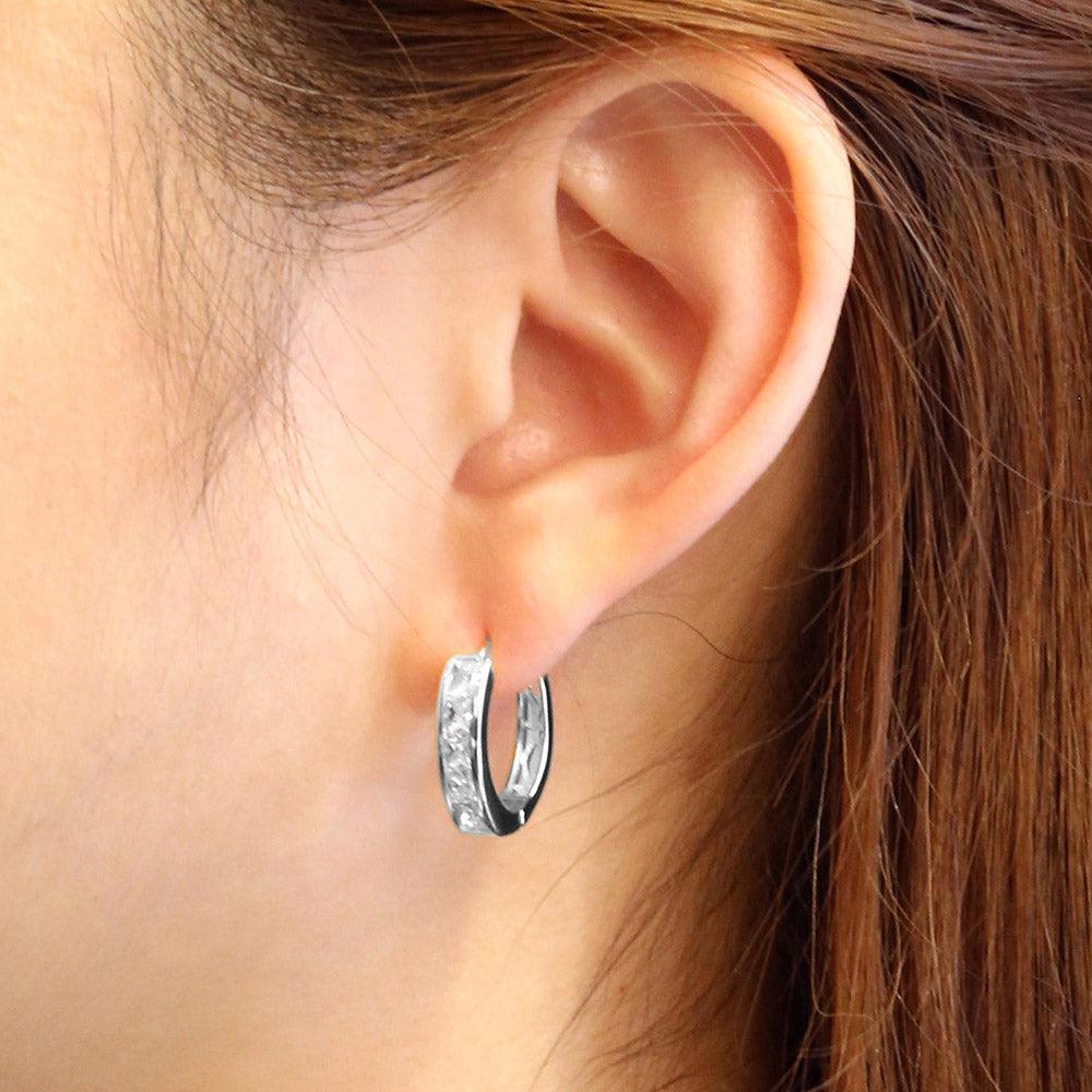 Silver White Gold Dipped Cascade CZ Stone Paved Huggie Hoop Earrings - Jewelry Store by Erik Rayo
