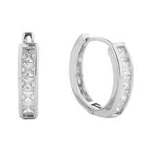 Load image into Gallery viewer, Silver White Gold Dipped Cascade CZ Stone Paved Huggie Hoop Earrings
