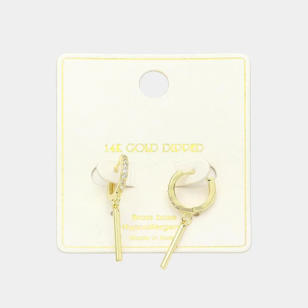 Gold 14K Gold Dipped Drop Bar CZ Paved Huggie Earrings - Jewelry Store by Erik Rayo