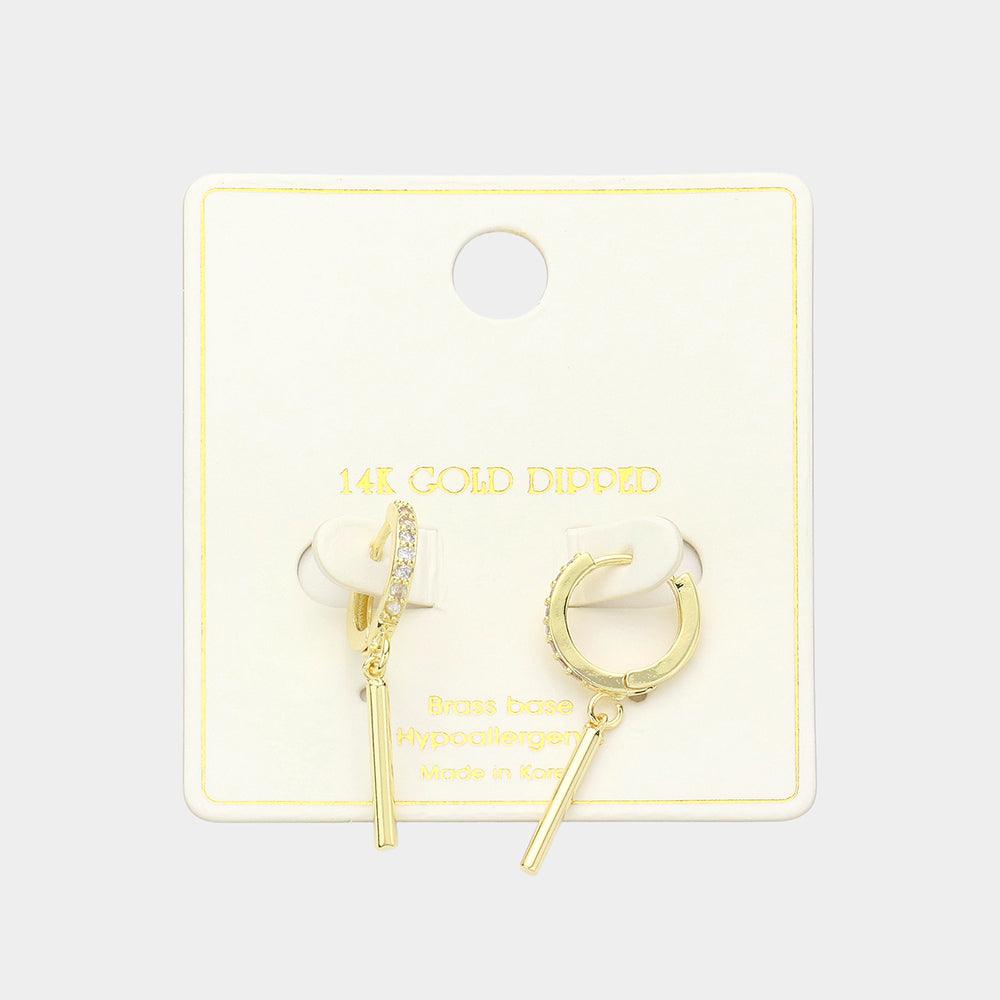 Gold 14K Gold Dipped Drop Bar CZ Paved Huggie Earrings