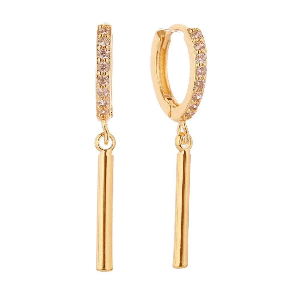 Gold 14K Gold Dipped Drop Bar CZ Paved Huggie Earrings - Jewelry Store by Erik Rayo