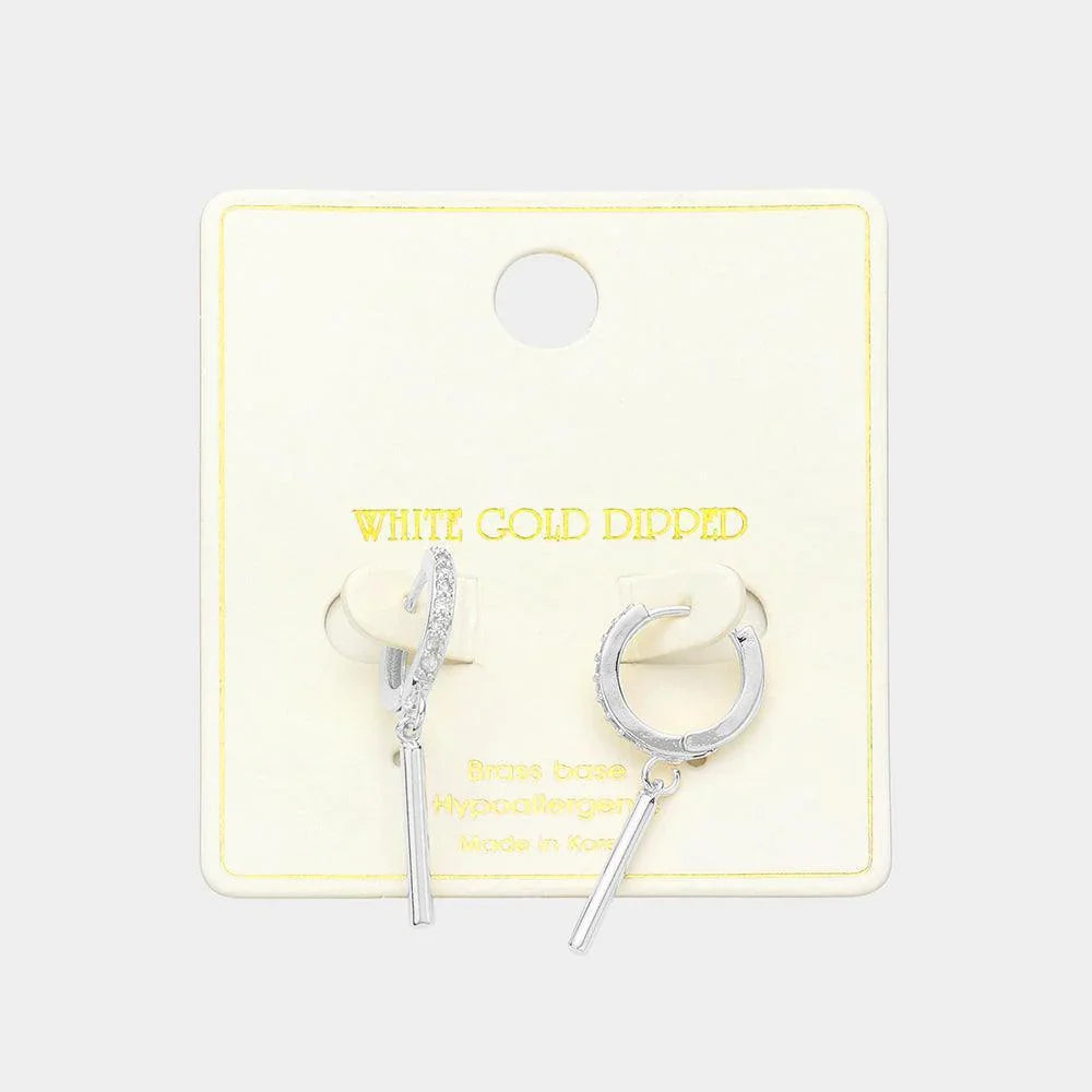 Silver White Gold Dipped Drop Bar CZ Paved Huggie Earrings - Jewelry Store by Erik Rayo