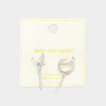 Load image into Gallery viewer, Silver White Gold Dipped Drop Bar CZ Paved Huggie Earrings
