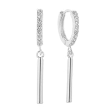 Load image into Gallery viewer, Silver White Gold Dipped Drop Bar CZ Paved Huggie Earrings
