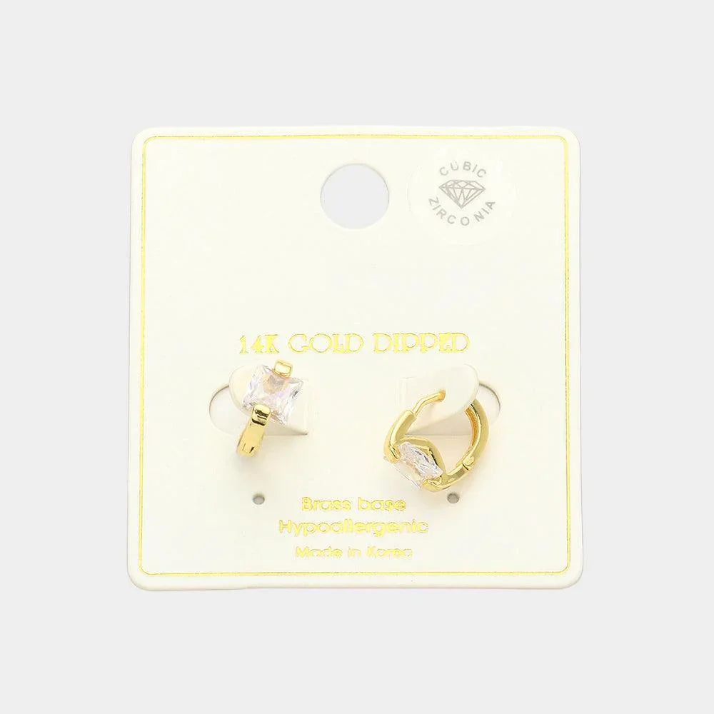 Gold 14K Gold Dipped Princess Cut CZ Stone Huggie Earrings - Jewelry Store by Erik Rayo