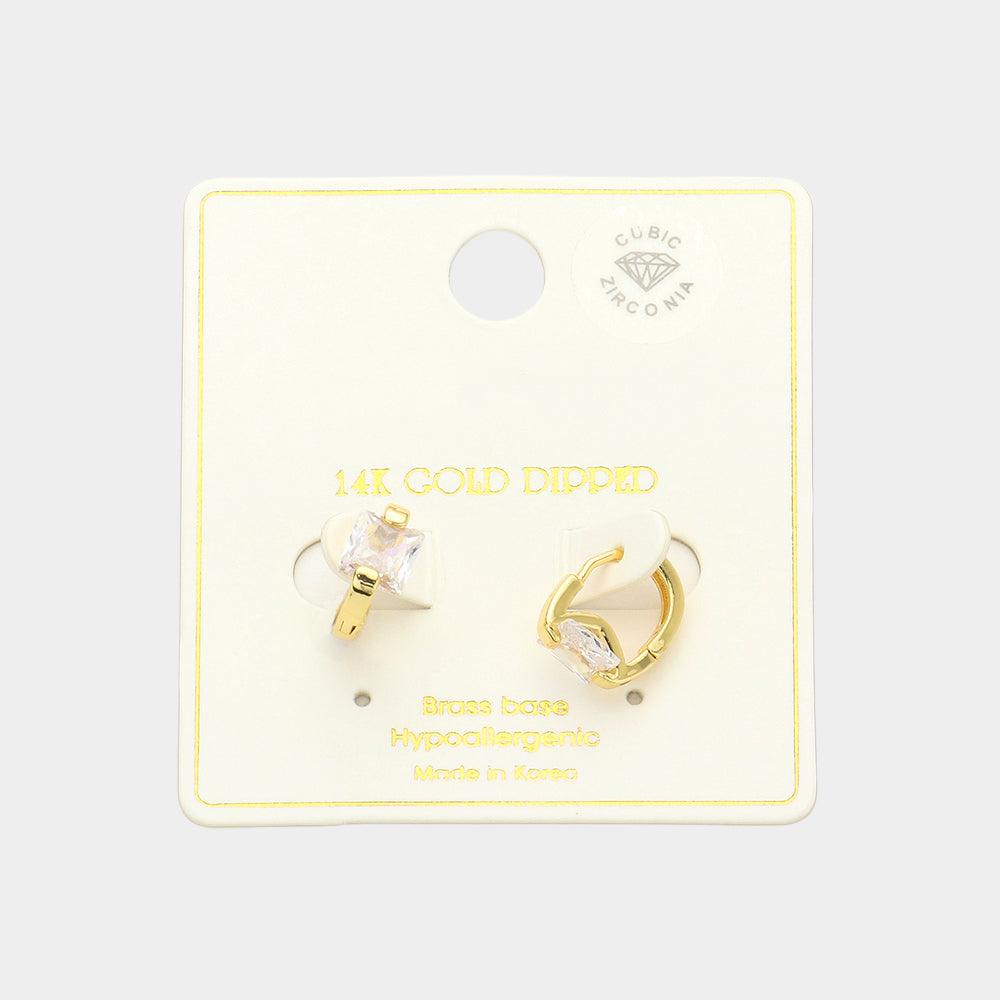 Gold 14K Gold Dipped Princess Cut CZ Stone Huggie Earrings