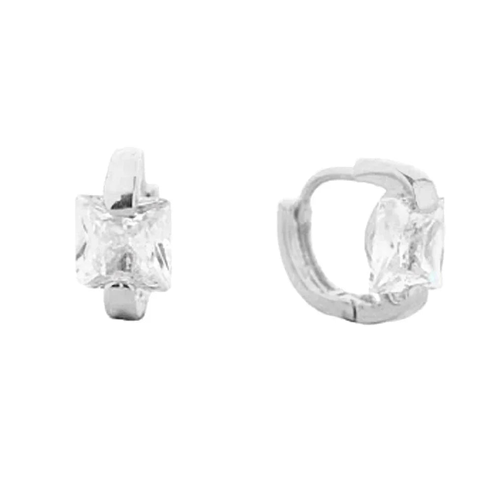 Silver White Gold Dipped Princess Cut CZ Stone Huggie Earrings - Jewelry Store by Erik Rayo