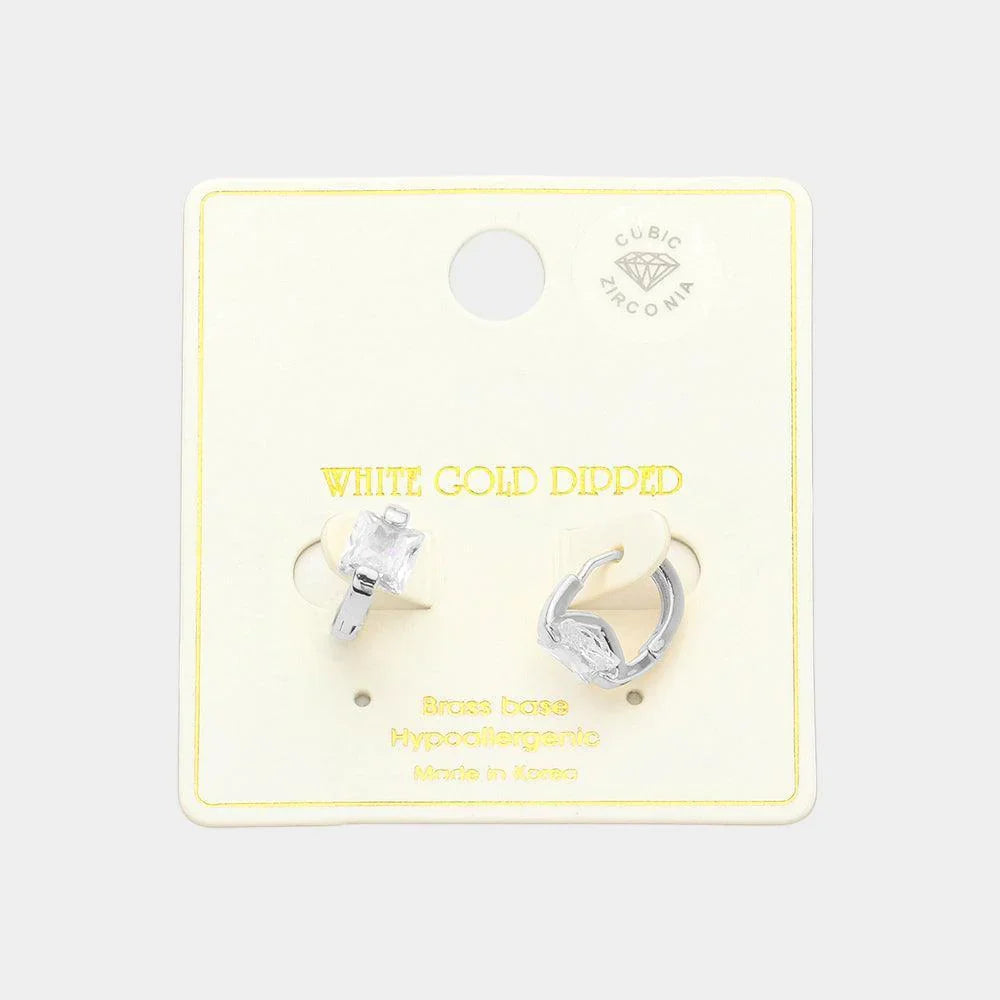 Silver White Gold Dipped Princess Cut CZ Stone Huggie Earrings - Jewelry Store by Erik Rayo