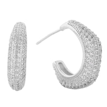 Load image into Gallery viewer, Silver White Gold Dipped CZ Stone Paved Hoop Earrings
