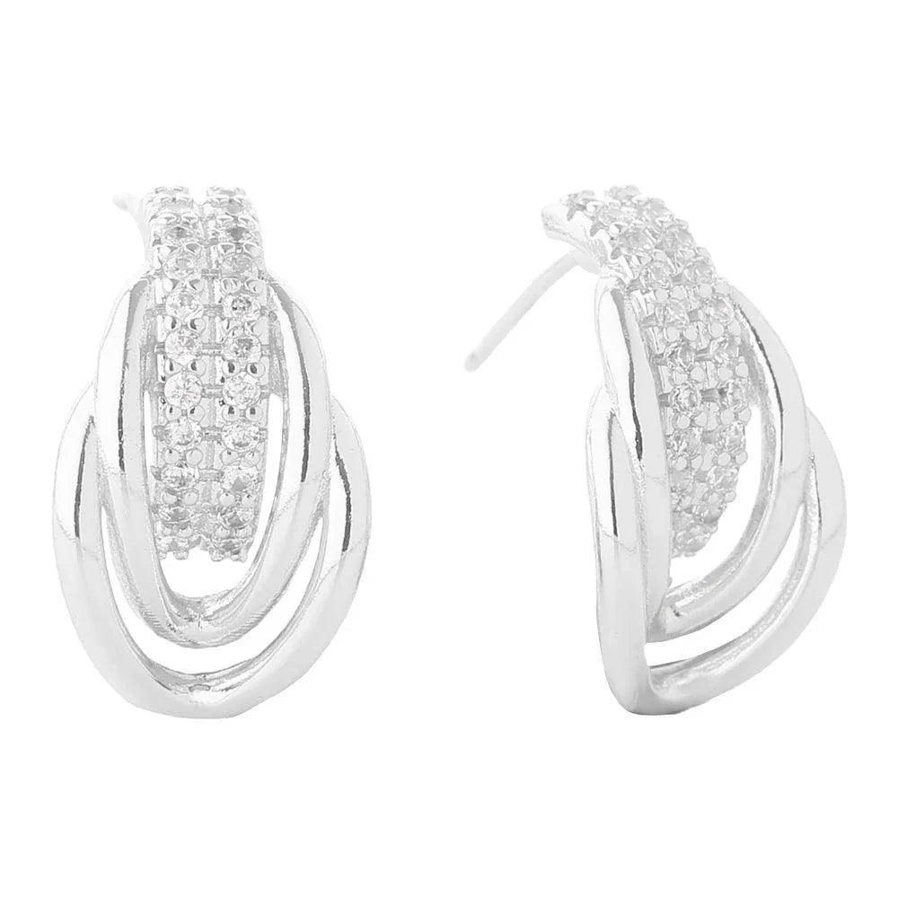 Silver White Gold Dipped Stone Paved Trinity Hoop Earrings - Jewelry Store by Erik Rayo