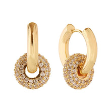 Load image into Gallery viewer, Gold 14K Gold Dipped CZ Stone Paved Double Delight Huggie Earrings
