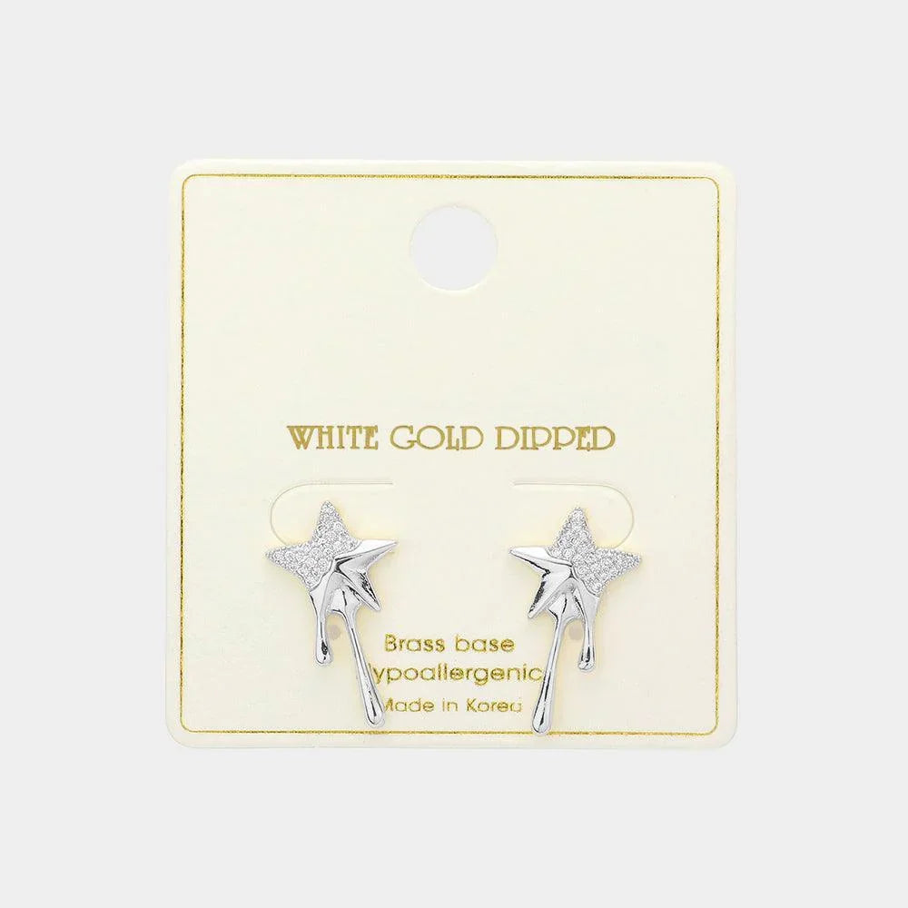 Silver White Gold Dipped Stone Paved Star Stud Earrings - Jewelry Store by Erik Rayo