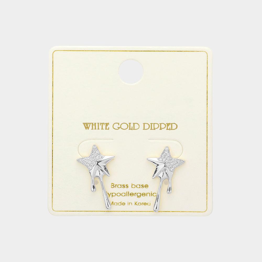 Silver White Gold Dipped Stone Paved Star Stud Earrings