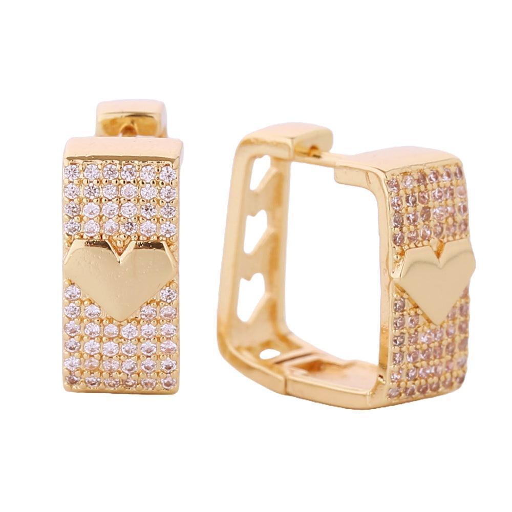 Gold 14K Gold Dipped Stone Paved Heart In Square Huggie Hoop Earrings - Jewelry Store by Erik Rayo