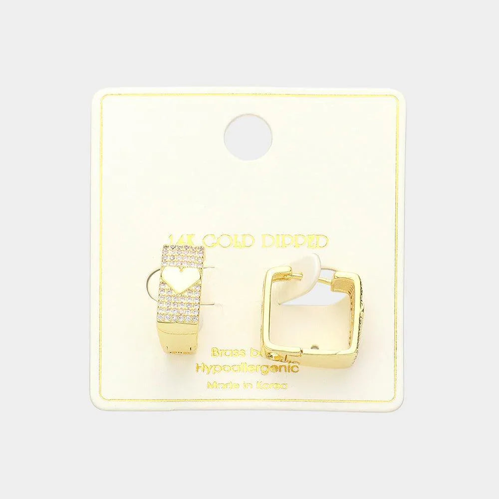 Gold 14K Gold Dipped Stone Paved Heart In Square Huggie Hoop Earrings - Jewelry Store by Erik Rayo