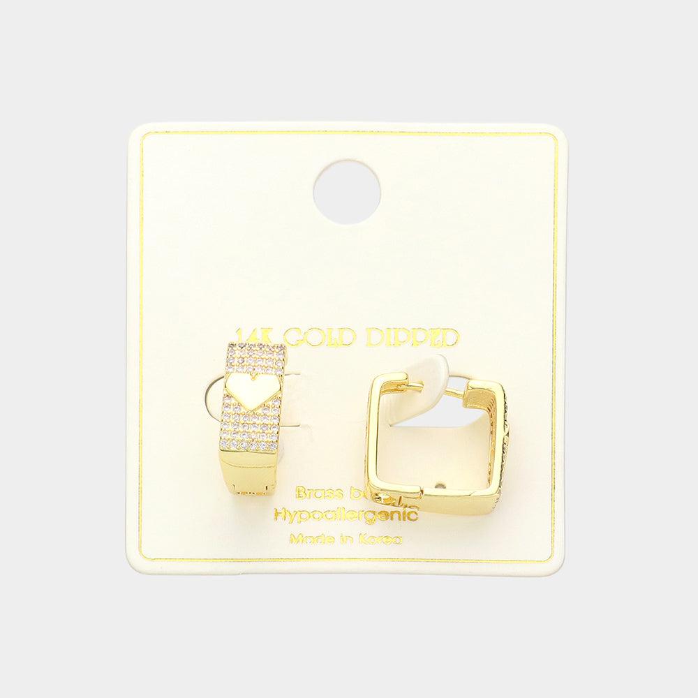 Gold 14K Gold Dipped Stone Paved Heart In Square Huggie Hoop Earrings