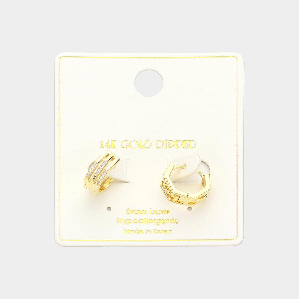 Gold 14K Gold Dipped Stone Paved Duo Octagon Huggie Hoop Earrings