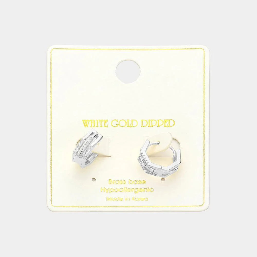 Silver White Gold Dipped Stone Paved Duo Octagon Huggie Hoop Earrings - Jewelry Store by Erik Rayo