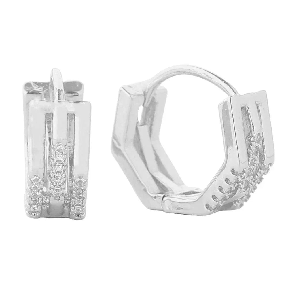 Silver White Gold Dipped Stone Paved Duo Octagon Huggie Hoop Earrings - Jewelry Store by Erik Rayo
