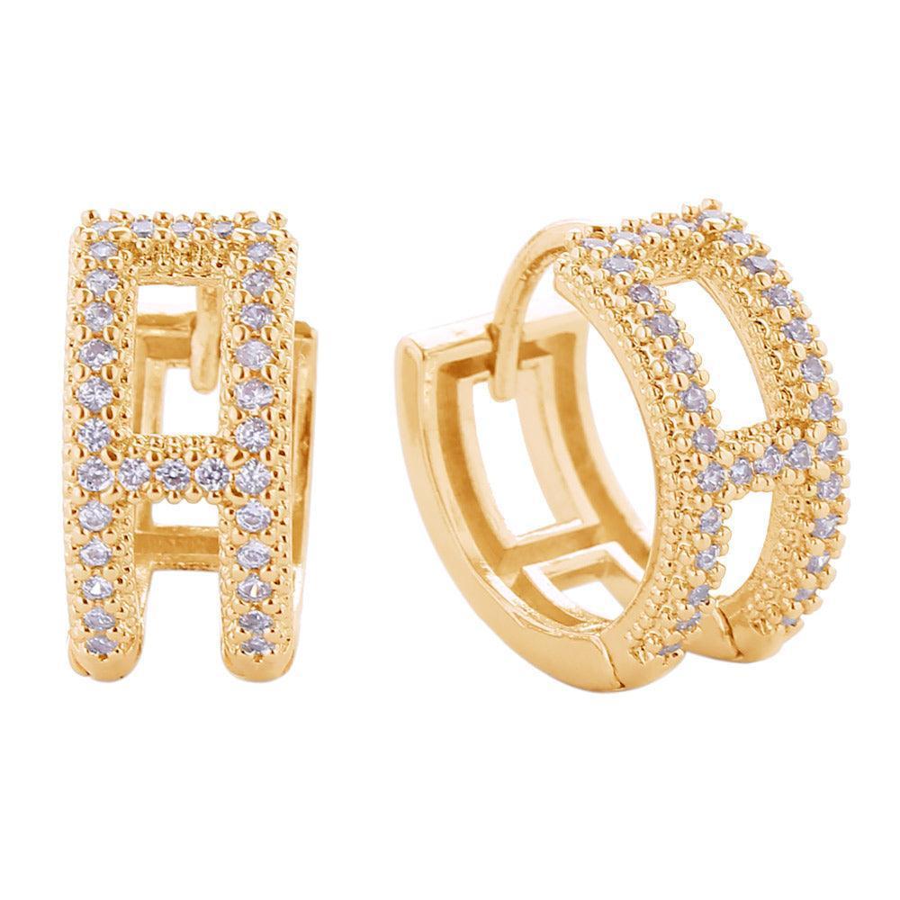 Gold 14K Gold Dipped CZ Stone Paved H Huggie Hoop Earrings - Jewelry Store by Erik Rayo