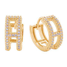 Load image into Gallery viewer, Gold 14K Gold Dipped CZ Stone Paved H Huggie Hoop Earrings
