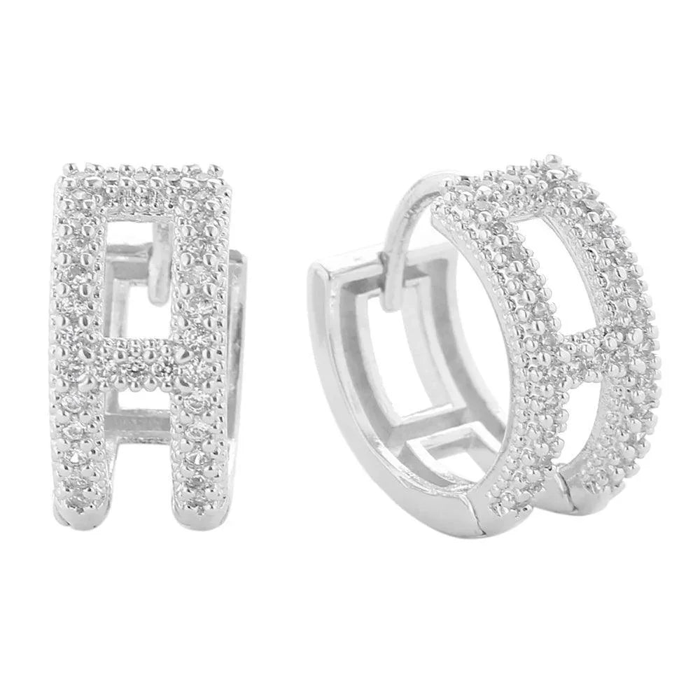 Silver White Gold Dipped CZ Stone Paved H Huggie Hoop Earrings - Jewelry Store by Erik Rayo