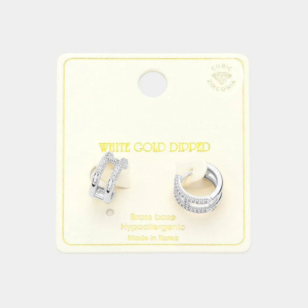 Silver White Gold Dipped CZ Stone Paved H Huggie Hoop Earrings - Jewelry Store by Erik Rayo