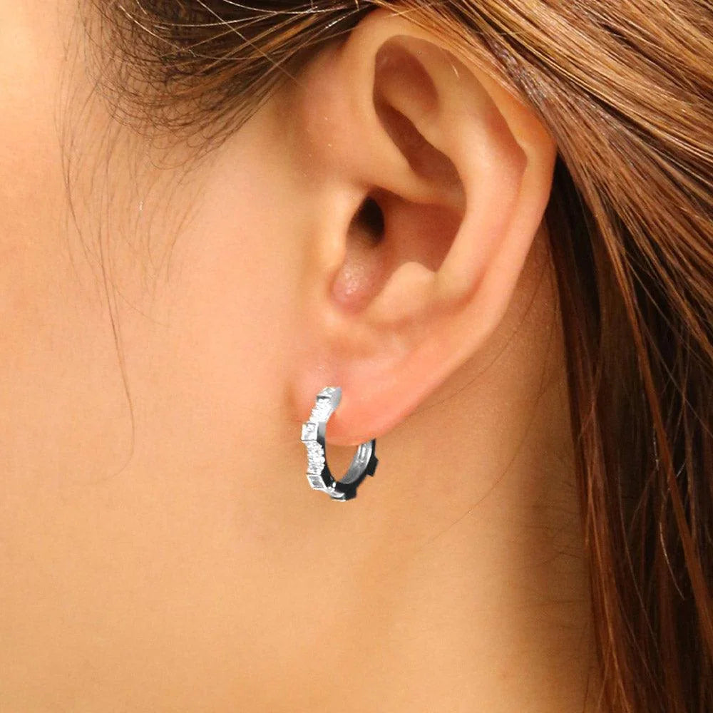 Silver White Gold Dipped Wheel CZ Stone Paved Huggie Hoop Earrings - Jewelry Store by Erik Rayo