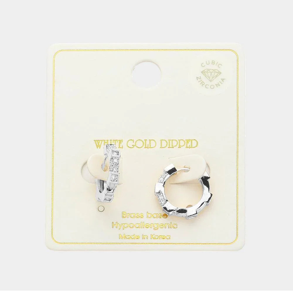 Silver White Gold Dipped Wheel CZ Stone Paved Huggie Hoop Earrings - Jewelry Store by Erik Rayo